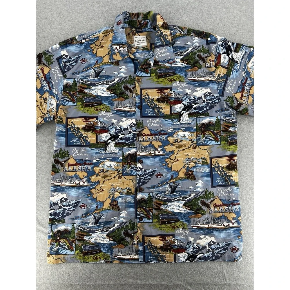 David Carey Alaska Hawaiian Shirt Mens 4XL Blue Map Print Button Up‎